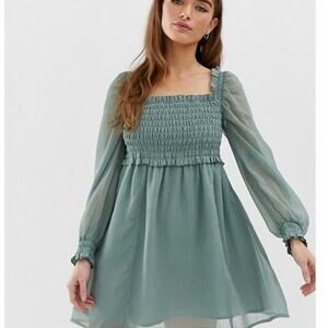 Asos Teal Shirred Skater Dress Long Sleeve Babydoll Mini Dress Smocked Size 6